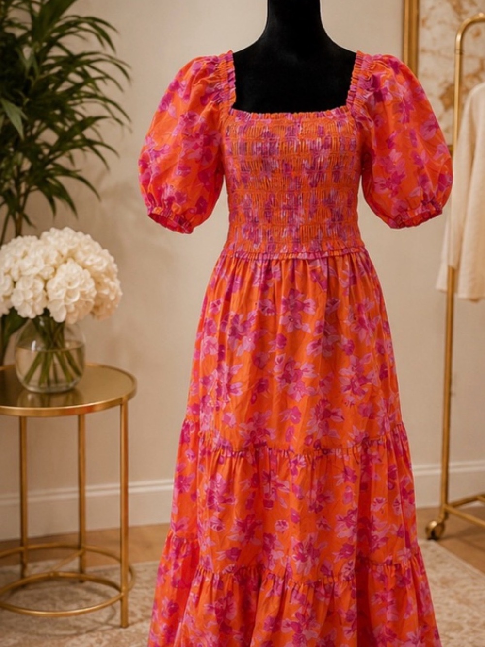 SUGARLIPS Cala Floral Alycia Smocked Maxi Dress Orange Pink NWT M